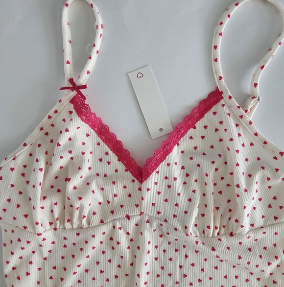 Cotton Rib Lace Trim Heart Pattern Chemise - Picture 2 of 5